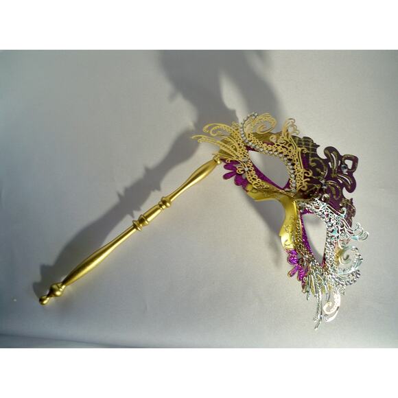 Purple gold mask with or on stick prom party Halloween masquerade costume mask - Picture 5 of 7